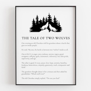 The Tale Of Two Wolves - Cherokee Legend Printable, Digital Download, Home Office Wall Art, Native American Parable Decor, Inspiration Gift