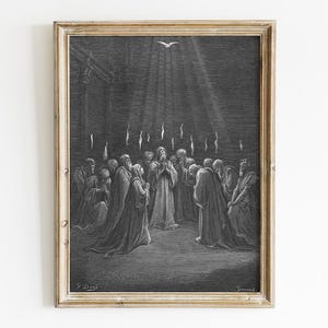 May include: Black and white framed print of a religious scene. A group of figures are gathered, some kneeling, with a dove above them. Light beams down from above. The print is in a gold-colored frame.