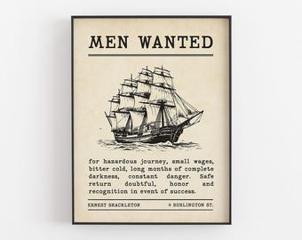 Ernest Shackleton Men Wanted Antarctica Expedition Advertisement Printable, Digital Download Vintage Ship Wall Art, The Endurance Decor Gift