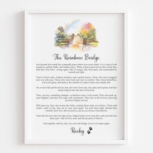 Impressão personalizada de memorial para cães ou gatos, poema da ponte do arco-íris, decoração para perda de animais de estimação, arte de parede de homenagem memorial personalizada, presente de simpatia para lembrança