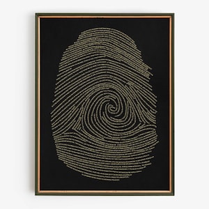 Può includere: Stampa artistica incorniciata con un design a impronta digitale composto da testo dorato su sfondo nero. La stampa è racchiusa in una cornice dorata e verde scuro. Il motivo dell'impronta digitale si avvita verso l'interno.