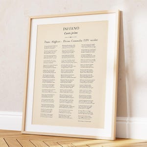 May include: A framed print of a page from Dante Alighieri's Inferno, Canto Primo. The text is in Italian, printed on aged paper, and set within a light wood frame. The print is leaning against a wall and floor.