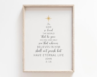 John 3:16 For God So Loved The World Bible Verse Printable, Digital Download, Christmas Wall Art, Holiday Home Faith Decor, New Family Gift