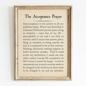 May include: A framed print with a beige background and black text. The text reads "The Acceptance Prayer" and includes a quote about accepting life's challenges.