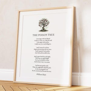 May include: A framed print of William Blake's poem "The Poison Tree." The text is in black on a white background, with a tree illustration. The frame is light wood-toned. The print is displayed against a neutral wall, suitable for home decor.
