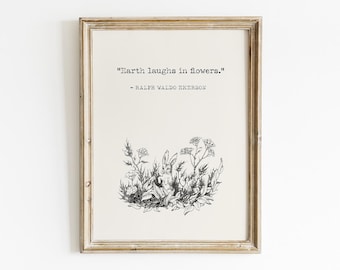 Ralph Waldo Emerson Earth Laughs in Flowers Quote Printable, Digital Download, Botanical Nature Wall Art, Literary Floral Decor, Garden Gift