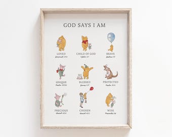 Lámina imprimible con versículo bíblico de Winnie the Pooh, arte mural clásico con versículos bíblicos, descarga digital, decoración infantil para habitación infantil, regalo cristiano