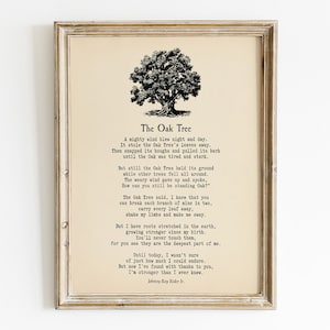 Wiersz o drzewie dębowym autorstwa Johnny'ego Raya Rydera, Vintage Nature Printable, sztuka ścienna Tree Life Poetry, pobieranie cyfrowe, dekoracja inspiracyjna, prezent dla rolnika