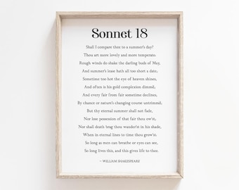 Sonnet 18 Poem Shall I Compare Thee To a Summer’s Day William Shakespeare Printable, Digital Download, Love Poetry Literary Decor, Wife Gift