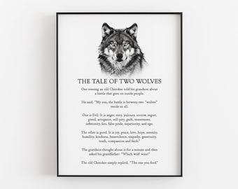The Tale Of Two Wolves - Cherokee Legend Printable, Motivational Print, Digital Download, Native American Wall Art, Home Office Decor, Gifts
