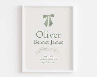 Personalized Name New Baby Birth Arrival Stats Printable, Digital Download, Bow Watercolor Wall Art, Custom Nursery Decor, Christening Gift