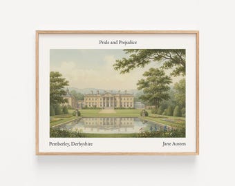 Pemberley Watercolor Pride & Prejudice Jane Austen Printable, Digital Download, Literary Wall Art, Classic Manor Regency Decor, Reader Gift