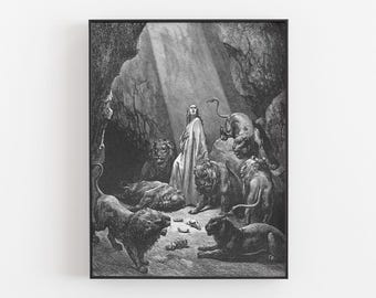 Gustave Doré Daniel in the Lions Den Printable, Digital Download, Vintage Black White Engraving Wall Art, Classic Faith Decor, Literary Gift