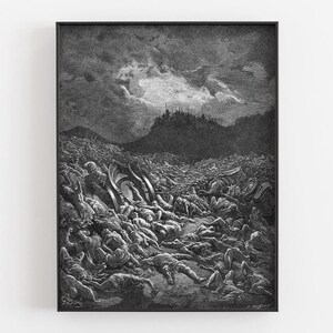 May include: Black and white framed print depicting a dramatic scene of a battlefield. The artwork features numerous figures strewn across a landscape, with a fortress in the background under a cloudy sky. The style is reminiscent of a classic engraving.