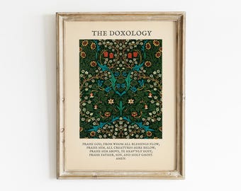 May include: Framed print featuring the text "THE DOXOLOGY" above a detailed floral pattern in green, blue, and red. The bottom of the print contains additional text. The frame has a gold finish.