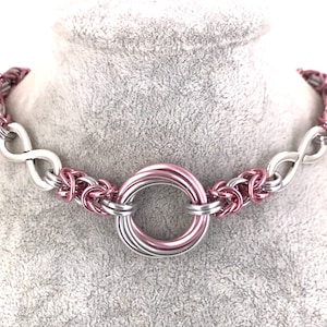 Double Infinity Mobius O Ring Chainmaille Necklace,  Pink and Silver Byzantine