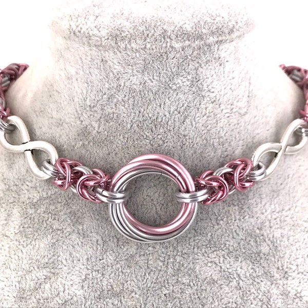 Double Infinity, Mobius O Ring Chainmaille Day Collar, Choker or Necklace,  Pink and Silver Byzantine, Optional Locking Closure