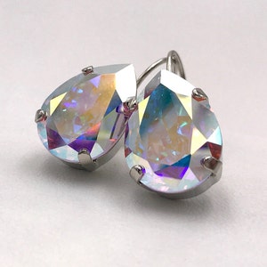 Beautiful Swarovski Crystal AB 18X13mm Pear Leverback Drop Earrings in Silver Rhodium, Bridal, Bridesmaid Gift, Aurora Borealis