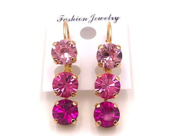 Triple Drop Pink Crystal Earrings, Austrian Light Rose, Rose