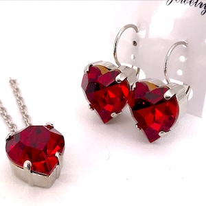 Sweetheart Swarovski Siam 15x14mm Heart Necklace in Silver Rhodium, Be My Valentine, Bridal, Matching Earrings, Your Choice of Chain