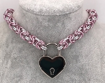 Pink & Silver Locking Collar, Byzantine Chainmaille, Mirror Finish Nickel Plated Heart Lock, Matching Set