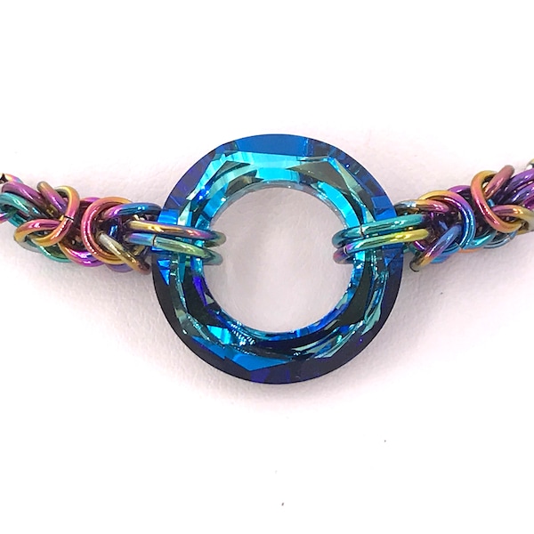 20mm Swarovski Bermuda Blue or Lilac Shadow Cosmic Ring Choker Necklace, Rainbow Niobium Byzantine Chainmaille