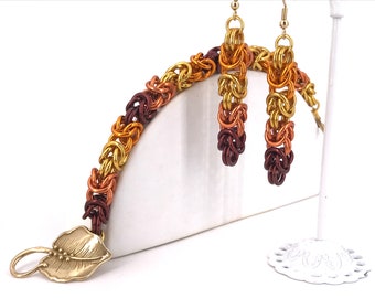 Autumnal Ombre Chainmaille Earrings, Byzantine, Bronze, Copper, Gold, Orange Anodized Aluminum, Gold Surgical Stainless Steel Ear Wires