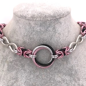 Double Infinity Chainmaille Necklace, Pink, Black and Silver Byzantine, Optional 18mm Swarovski Crystal Heart