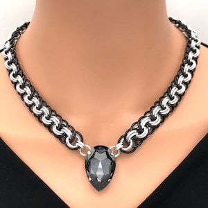 Swarovski Silver Night Chainmaille Statement Necklace, 30x20mm Teardrop Pendant, Matching Jewelry Set