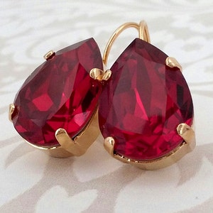 Swarovski Siam Red 13x18mm Pear Leverback Drop Earrings, Bridal, Bridesmaid Gift, 4320 Teardrop, Gothic, Renaissance, Matching Bracelet