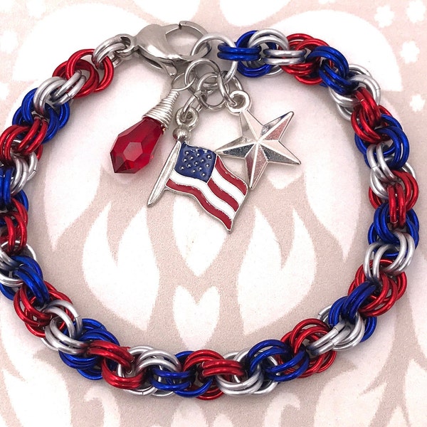 Unisex Patriotic Bracelet, Red, Silver,& Blue Double Spiral Chain Mail, Optional US Flag, Star, Swarovski Siam Charms, Matching Earrings