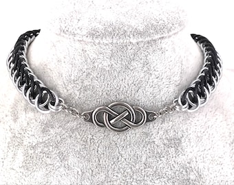 Locked Infinity Chainmaille Day Collar, Choker or Necklace, Black & Silver 1/2 Inch Wide Half Persian 4 in 1, Optional Locking Closure