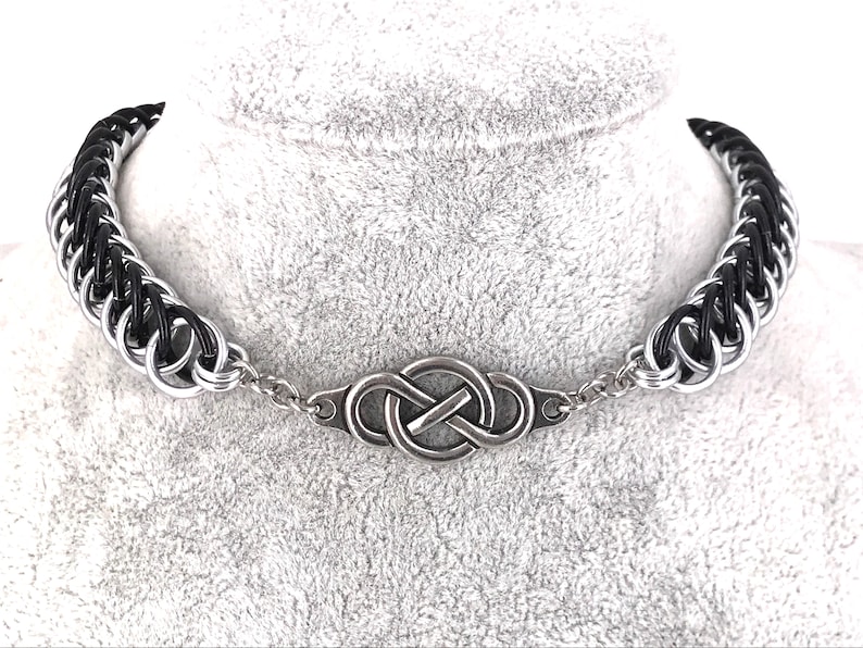 Locked Infinity Chainmaille Day Collar, Choker or Necklace, Black & Silver 1/2 Inch Wide Half Persian 4 in 1, Optional Locking Closure 