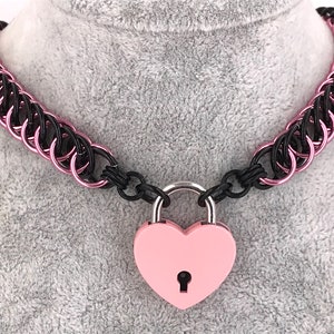 Collier verrouillable rose et noir, demi-persan cotte de mailles en aluminium anodisé 4 en 1, finition émail rose ou noir Heartlock
