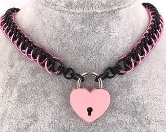 Pink & Black Locking Collar, Half Persian 4 in 1 Anodized Aluminum Chainmaille, Pink or Black Enamel Finish Heartlock