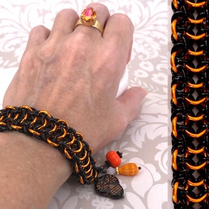 3/4 Inch Wide Halloween Chainmaille Bracelet, Vipera Berus 4 in 1, Optional Sugar Skull, Candy Corn, Great Pumpkin Charms, Matching Set