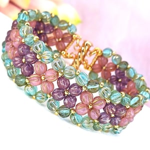 Pink, Purple and Green Floral Cuff Bracelet, Czech Glass Melon Beads