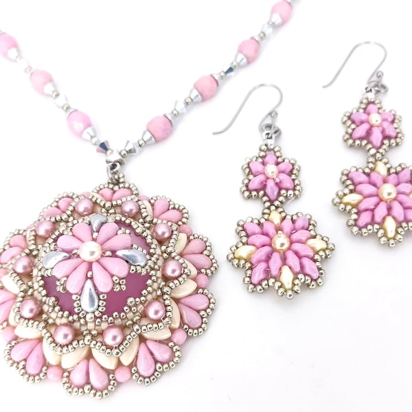 Ornate Pink, Cream and Silver Finely Embellished Cabochon Jewelry Set, 24mm Ballerina Pink Lunasoft Cabochon, Beaded Necklace