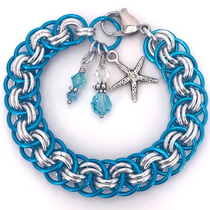 At the Beach Charm Bracelet in Turquoise & Silver, Viper Basket Anodized Aluminum Chain Mail, Optional Swarovski Charms, Matching Set