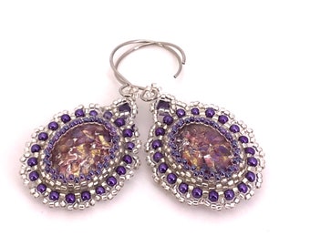 13x18mm Amethyst Opal Oval Earrings, Embellished with Purple Glass Pearls and Miyuki Silver Lined Crystal Seed Beads, Fancy Round Ear Wires