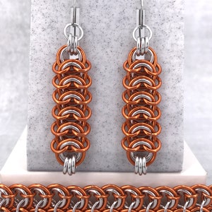 CLEARANCE! Anodized Copper & Silver Duster Earrings, Vertebrae Chainmaille, Surgical Steel Ear Wires, Anodized and Bright Aluminum