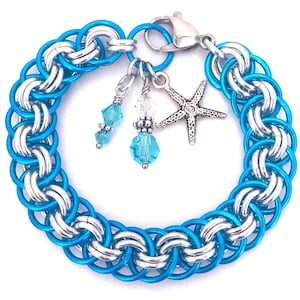 Turquoise & Silver Chainmaille Charm Bracelet or Anklet, Anodized Aluminum, Earrings Sold Separately