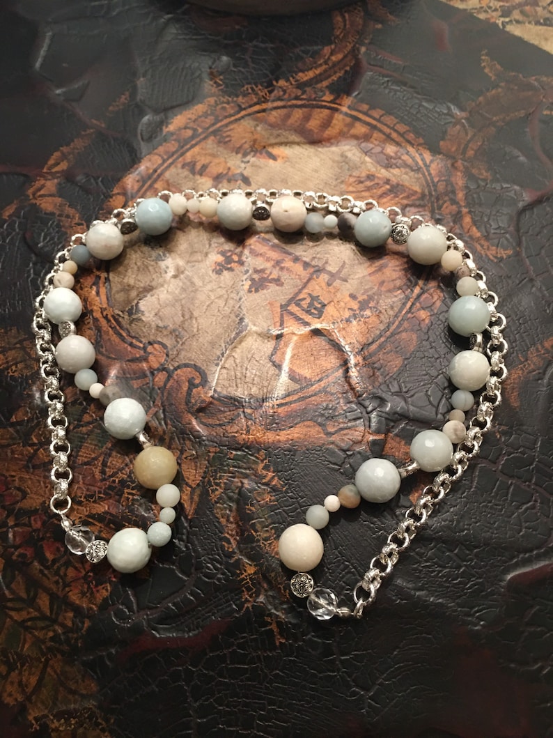 487 Thick Chain Silver /& Beaded Amazonite Necklace with VintageTuscan Chandelier Drop Crystals.