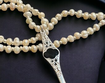 1309. Freshwater Pearl Beaded Necklace with Vintage/Italian Sterling Silver and Onyx Tie Clip Pendant.