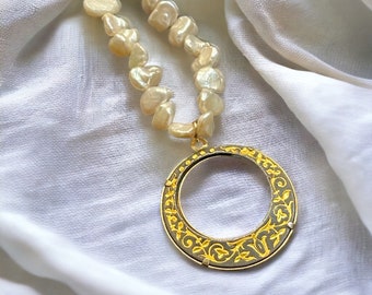 1244. Keshi Pearl Necklace with Vintage/Italian Damascene Pendant