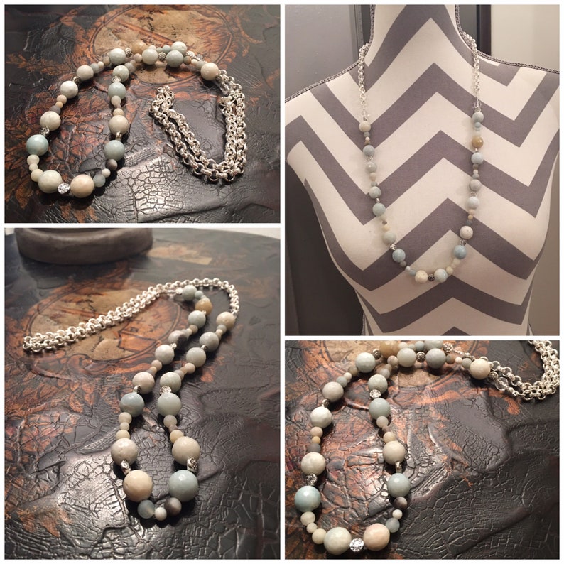 487 Thick Chain Silver /& Beaded Amazonite Necklace with VintageTuscan Chandelier Drop Crystals.