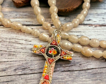 1277. Freshwater Pearl Necklace with Vintage/Italian Silver Micro Mosaic Cross Pendant