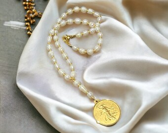 1099. Freshwater Pearl and Gold Beaded Necklace with Vintage/Italian Coin Pendant.