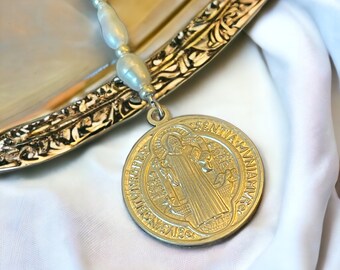 1096. Freshwater Pearl, Vintage Silver, Saint Benedict Pendant Necklace.