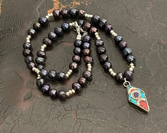 845. Black Pearl and Silver Beaded Necklace with Vintage/Italian Silver Mosaic Pendant.